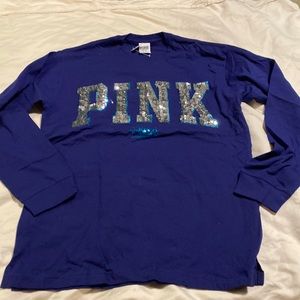 PINK Victoria's Secret Royal Blue Long Sleeve Tee with Silver Sequin Logo